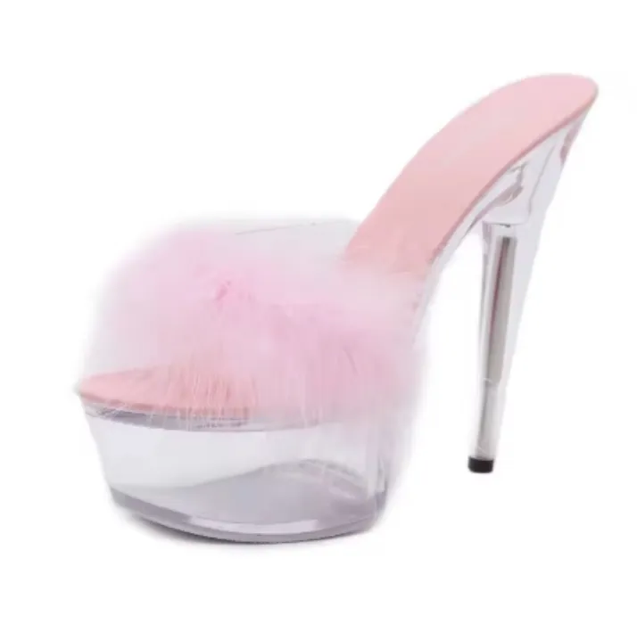 Bimbo Shoes Maogu Feather Sexy Slip-on Sandals High-heeled Shoes Platform High Heels Pumps 