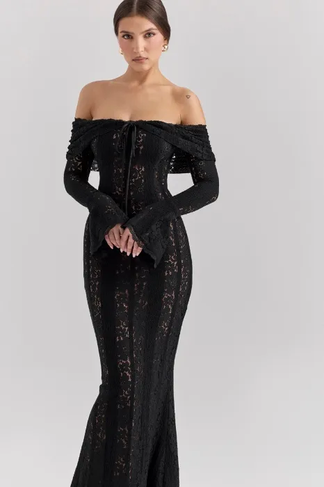 Belle Black Off Shoulder Floral Lace Maxi Dress