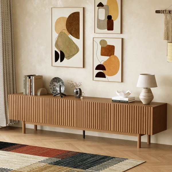 Latitude Run® Farmhouse 86.61" Fluted Media Tv Stand With Layered Storage & Wood Legs | Wayfair