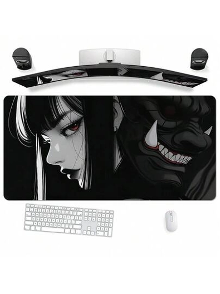 1pc Large Anime Girls And Demons Gaming Mouse Pad With Cool Black Design - Thick, Non-Slip Rubber Base, Easy To Clean, Precise Edges, Rectangular Desk Mat For Gamers And Office Use, Office Desk Mat, Bold Character Design , Easyclean Surface