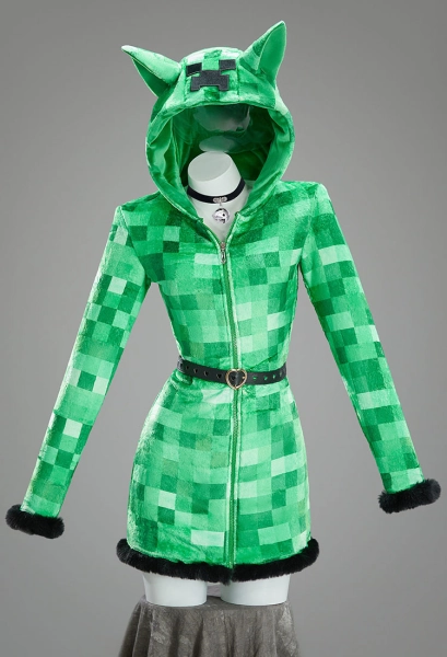 Creeper Derivative Sexy cosplay Costume Plush Homewear Pajamas Dress Green Pixel Plaid Print Hooded Dress with Belt and Socks