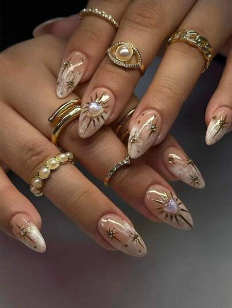 24pcs Tie Dye Gradient Nail Stickers, Medium Almond Shape, 3D Heart And Golden Starry Design, Rhinestone Embellished, Full Coverage Classic Style, Suitable For Women And Girls Daily Wear