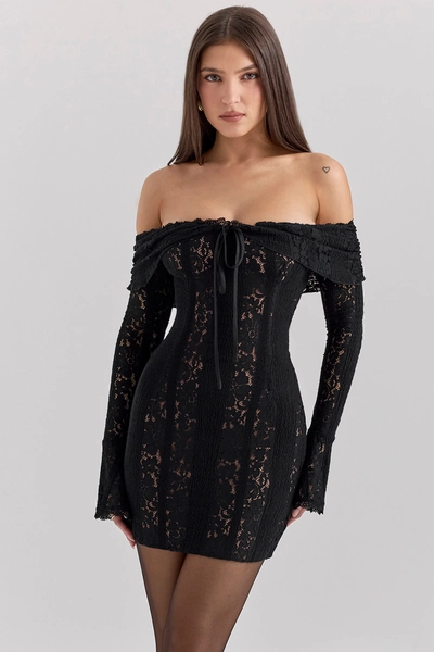House of CB Sadie Black Floral Lace Off Shoulder Mini Dress