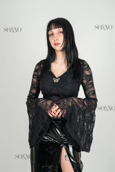 Gothic Black Lace Top Women Victorian Blouse Butterfly Brooch Romantic Grunge Long Sleeve Shirt Alternative Fashion Dark Aesthetic