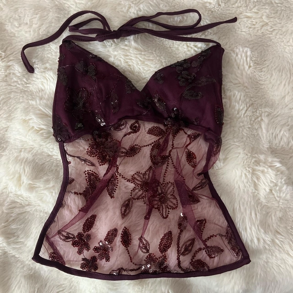 burgundy sequined backless halter top

- color is a...
