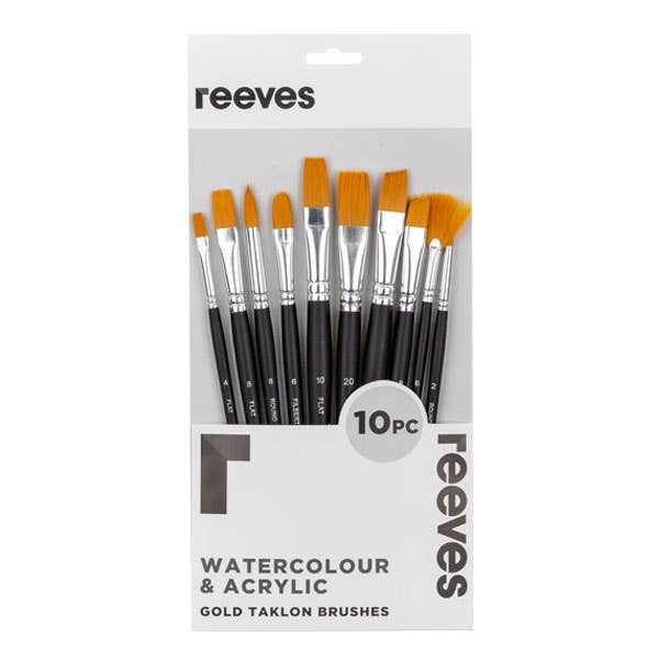 Reeves Large Value Gold Taklon Brush Set 10: Flat (4, 8, 10, 20), Round (2, 8), Filbert (6), Angle (8, 10), Fan (6) Short Handle