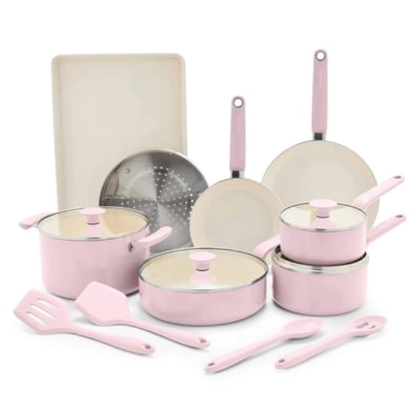 GreenPan Rio Advanced 16pc Ceramic Nonstick Cookware Set Pink