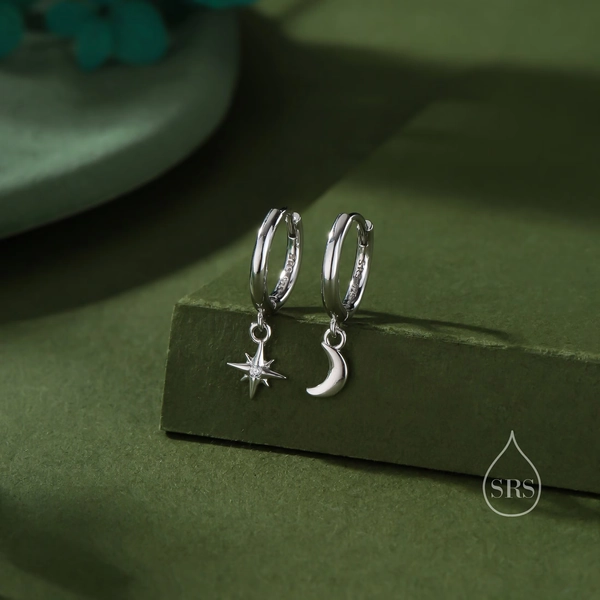 Asymmetric Moon and Star Dangle Huggie Hoop Earrings in Sterling Silver, Silver or Gold or Rose Gold, Tiny Moon and Star Skinny Hoops