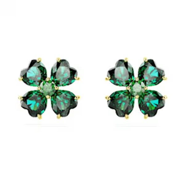 Idyllia stud earrings, Clover, Green, Gold-tone plated