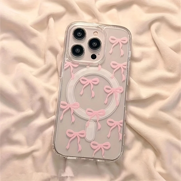 Girl's Bow Transparent Magnetic Phone Case, Suitable for Apple iPhone 16 15 14 13 12 11 Pro Max Models, Made of TPU Material, Christmas Gift, New Year Gift, Easter Gift, Perfect for Family and Friends