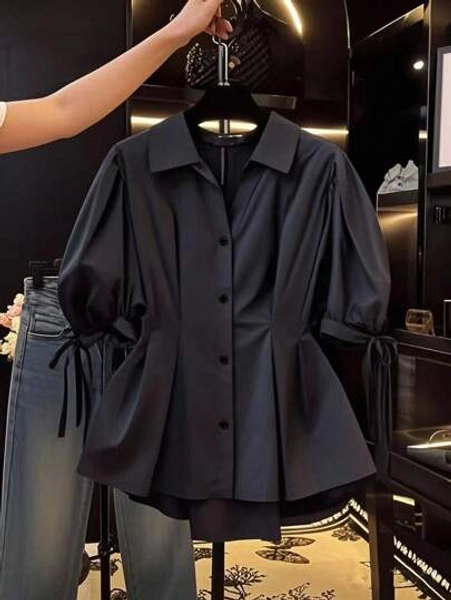 Franclia Women Elegant Short Sleeve Blouse, Fitted Waist And Puff Sleeve Design, Flattering