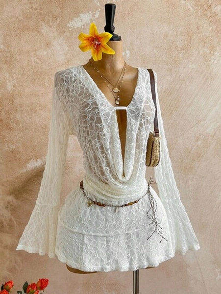 Soleia Winter Clothes Casual Dresses For Women Women's Solid Color Draped Layered Elegant Long Sleeve Mini Dress Boho White Dress White Lace Dress Cream Outfit Women