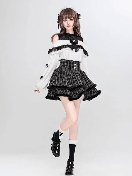 [$39.00]Jirai Kei Black High Waist Layered Tweed Skirt with Plush Trimming for Winter