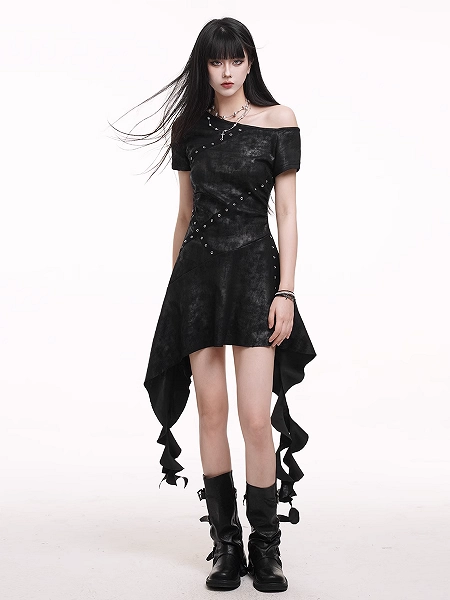[$40.00]Black Asymmetrical Neckline Criss-cross Straps Cascading Ruffles Dress