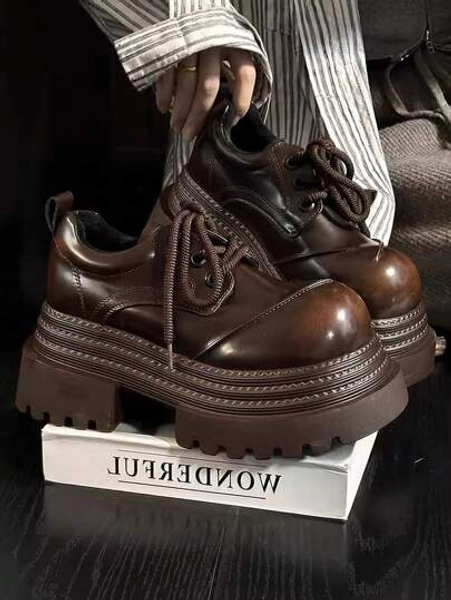 Comfortable Casual Round Toe Leather Loafers, Vintage, Distressed, Thick Sole, Mocha Brown