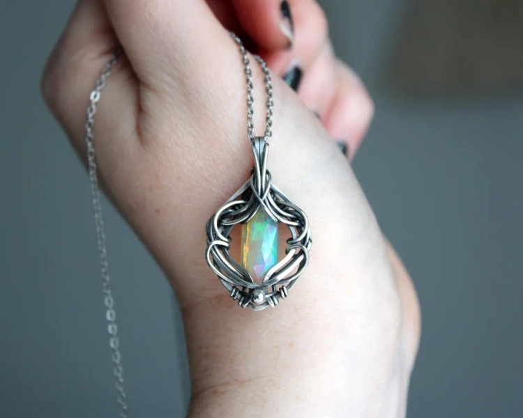 Ethiopian Opal 2.60 Ct | .925 Sterling Silver Pendant - Wire Wrapped Crystal Necklace - Handmade Elven Jewelry - Fantasy Jewelry - Gift Idea - Etsy