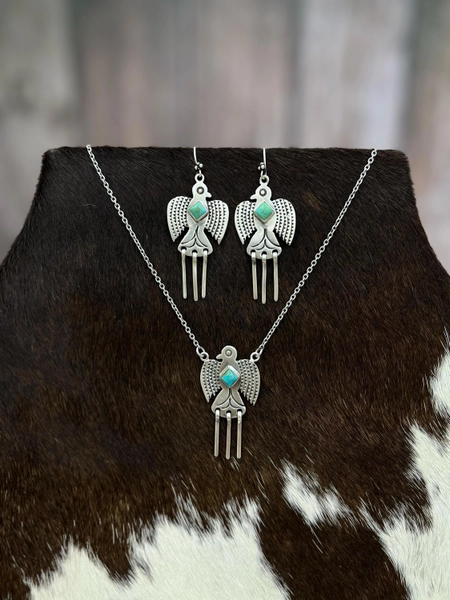 Handmade Sterling Silver Kingman Turquoise Phoenix Bird Necklace Earrings Set with Signed Nizhoni