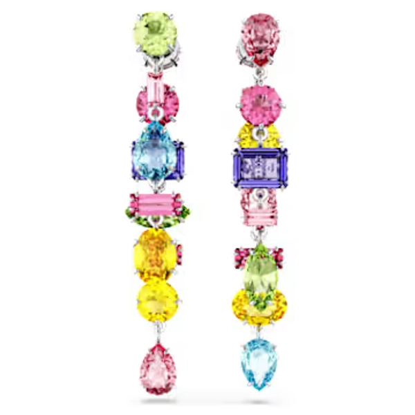 Gema drop earrings, Asymmetrical design, Mixed cuts, Long, Multicolored, Rhodium plated
