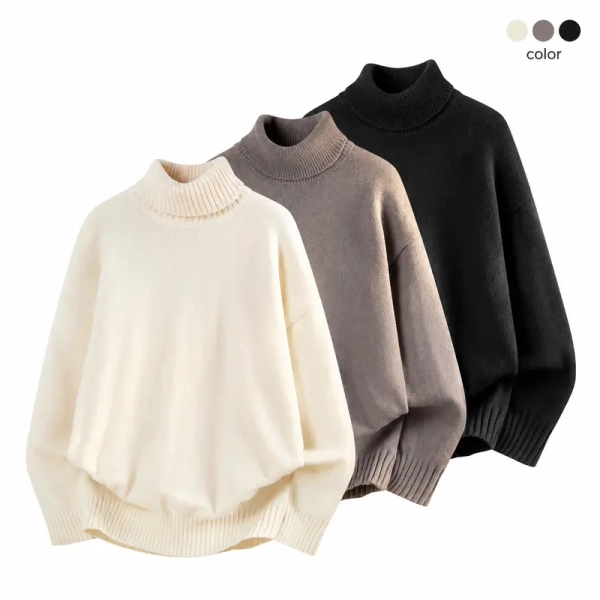 Men's Oversized Turtleneck Sweater, Creamy White Polyester