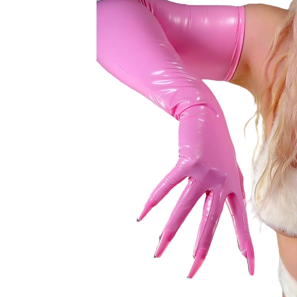 Shiny Pink Latex GLOVES with NAILS 70cm Long Thin Elastic Faux Leather Rubber