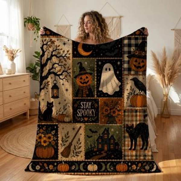 Spooky Patchwork Blanket, Vintage Halloween Blanket Throw, Cottagecore Fall Room Decor, Witchy Ghost Black Cat Fall Bedspread
