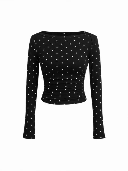 Cotton-blend Polka Dot Boat Neck Long Sleeve Ruched Top