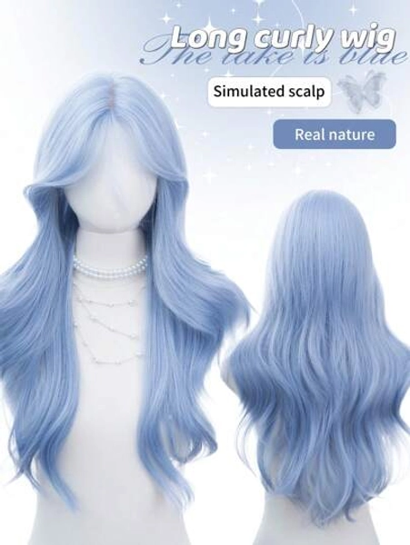 Synthetic Heat-Resistant Wavy Wig, Light Blue, 28 Inches Long, Made Of Fiber With Bangs In The Center, Suitable For Daily Use, Natural And Realistic Fake Wig (Excluding Accessories).