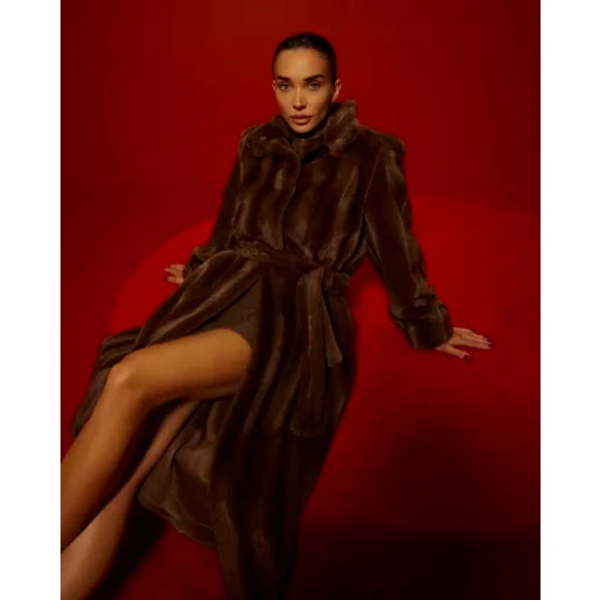 Brown Faux Fur Belted Robe Coat