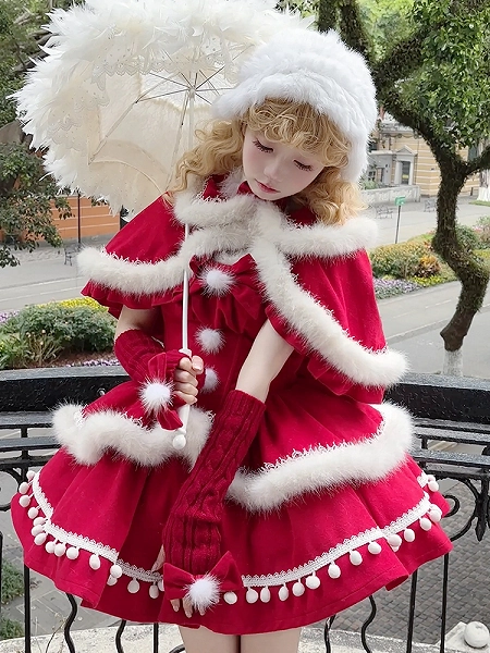 [$97.00]Christmas Red Princess Basque Waist Jumper Skirt with Festive White Plush Trim