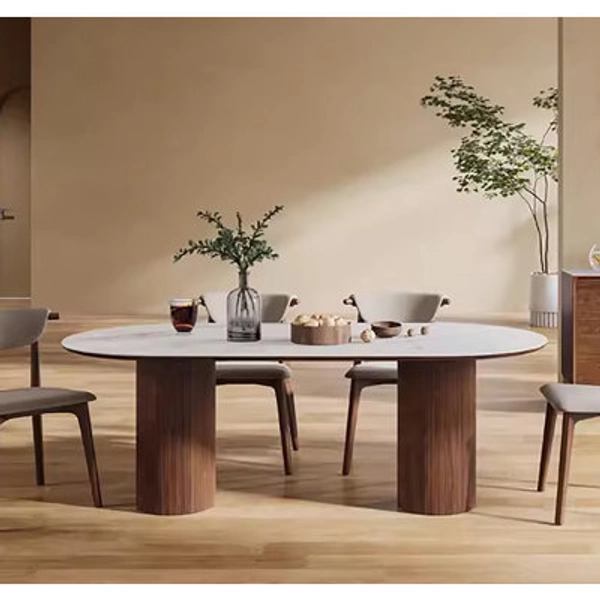 Latitude Run® Maxsony 71" Mid Century Dining Table with Glossy Stone Tabletop, Rectangular  Kitchen Table with Solid Wood Double Pedestal for 6