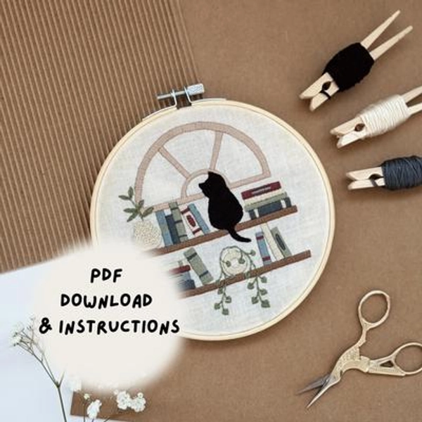 Bookshelf Cat Embroidery Pattern: Modern Needlepoint Art (PDF Download)