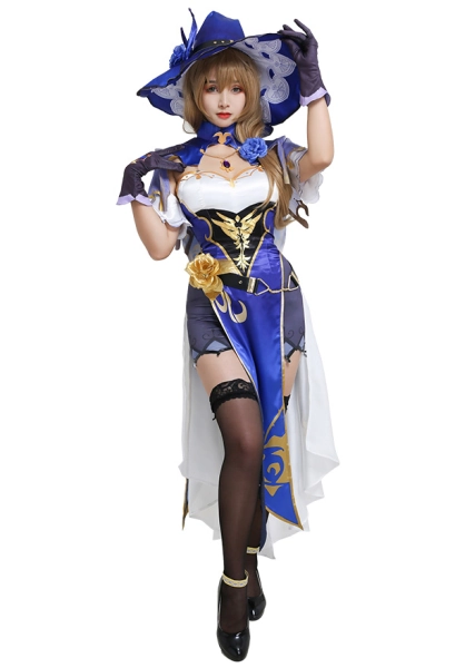 Genshin Impact Lisa Sexy Blue and White Chest Open Cheongsam Dress Full Set Cosplay Costume with Witch Hat and Stockings