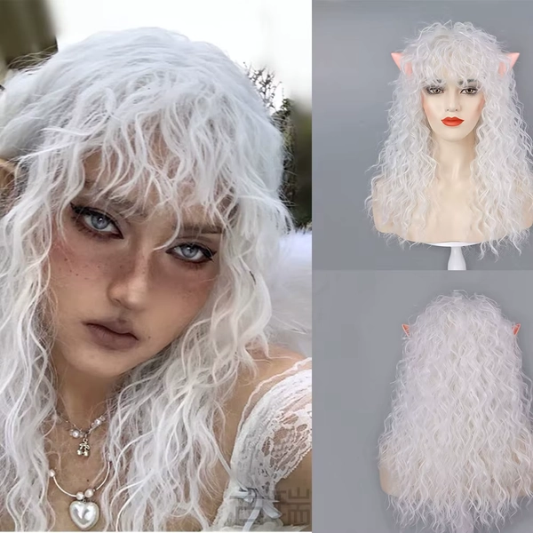 White Curly Wig and Elf Ears for Women Costume Long Curly with Bangs Heat Resistant Synthetic Cosplay Halloween Christmas Party - AliExpress 