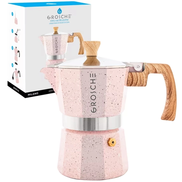 GROSCHE MILANO STONE Stovetop Espresso Maker, Moka Pot, 3 Espresso Cups, Blush Pink