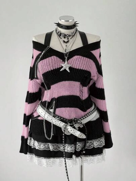 Black & Purple Striped Pullover Sweater and Skirt With Zipper