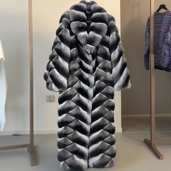 Luxury Chinchilla Fur Coat Women's Long Real Rex Rabbit Fur Overcoat Warm Jacket