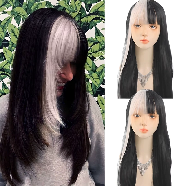 LUPU 26 inch lange damespruik met symmetrische zwart-witte pony in het midden Geschikt voor dagelijkse bijeenkomsten - AliExpress 