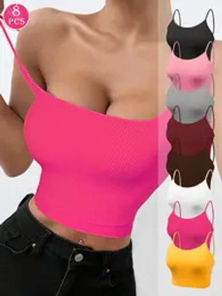 8 Pieces Women's Solid Wireless Bra, Stretchy Comfortable Breathable Bra, Ladies Lingerie for All Seasons, Fitness Training Clothes, Yoga Sports Bra Seamless Activewear Workout Ribbed SpringStatements
