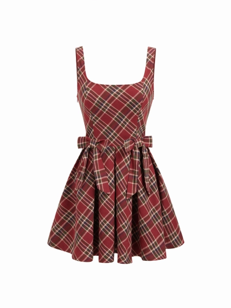 Cotton Scoop Neckline Plaid Bowknot Mini Dress
