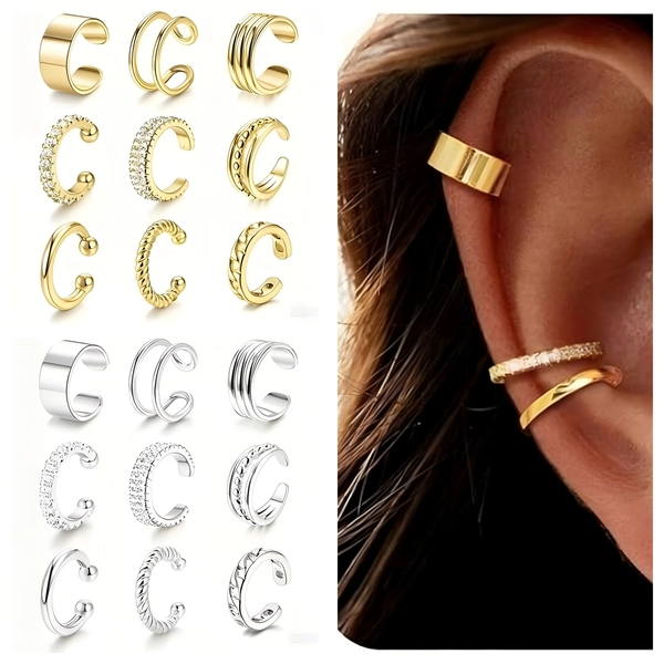 9pcs 17MILE Women' Sparkling Rhinestone Ear Clip Suitable for Parties Weddings Vacations - Wide Face Double-Layer Clip-On Earrings, Minimalist Casual Attire, Gift