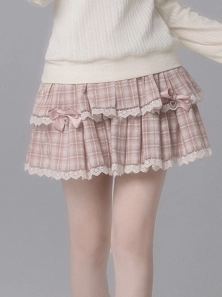 [$36.00]Pink Seiso Kei Fashion Bow Decor Plaid Skirt With Lace Details