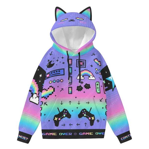 Pixel Art Cat Ear Hoodie, Retro Arcade Gamer Pullover Jumper - Etsy