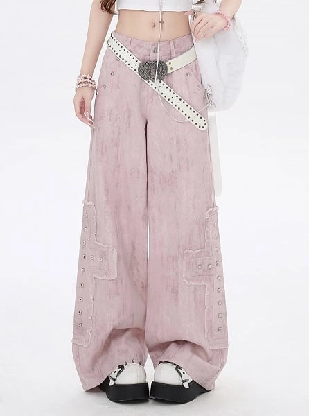 Light Pink Low Waist Studded Cross Appliques Wide-Leg Jeans