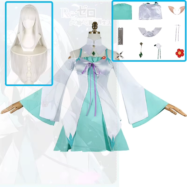 Anime Re:Zero Kara Hajimeru Isekai Seikatsu Emilia Nowy Kostium Cosplay Peruka z Nakryciem Głowy Uszy Elfów na Imprezę Halloweenową