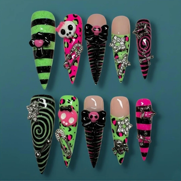 Neon Punk Scene-core Press-on Nails – 3D Black Skulls & Ribbons, Hot Pink Leopard Print and Lime Green Stripes, Y2K Emo Gothic Motif Set - Etsy Canada