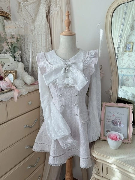 [$84.00]Pink Fresh Jirai Kei Lace Long-Sleeve Tweed Dress  + Matching Shorts Set
