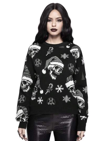 ROMWE Goth Dark Skeleton Christmas Floral All-Over Print Pullover Sweater