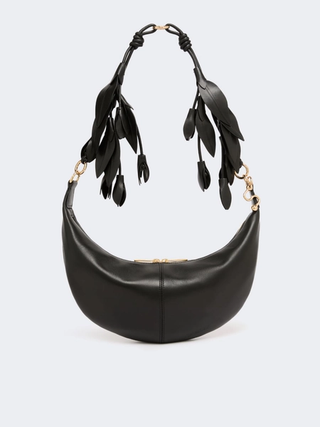 Nappa leather hobo bag with a flower decoration - BLACK