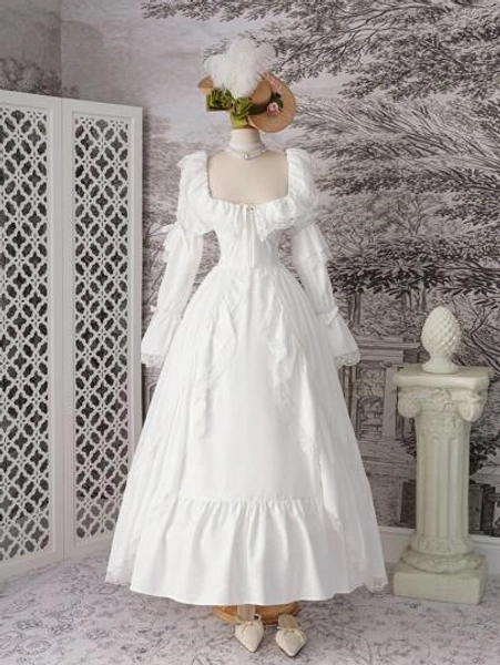 SHEIN MOD Vestido de gala con volumen de organza con detalles de encaje fruncido, mangas largas con detalles de cintura y lazos ajustables en el busto, la cintura y las mangas