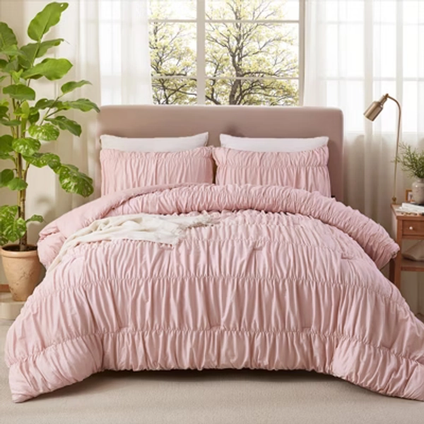 Boho Ruched Comforter Set – 100% Cotton Ruffle Bedding, Soft Durable Fluffy Quilt 3-Piece, Vintage Chic Bedroom Decor, King/Queen Options Pink Queen